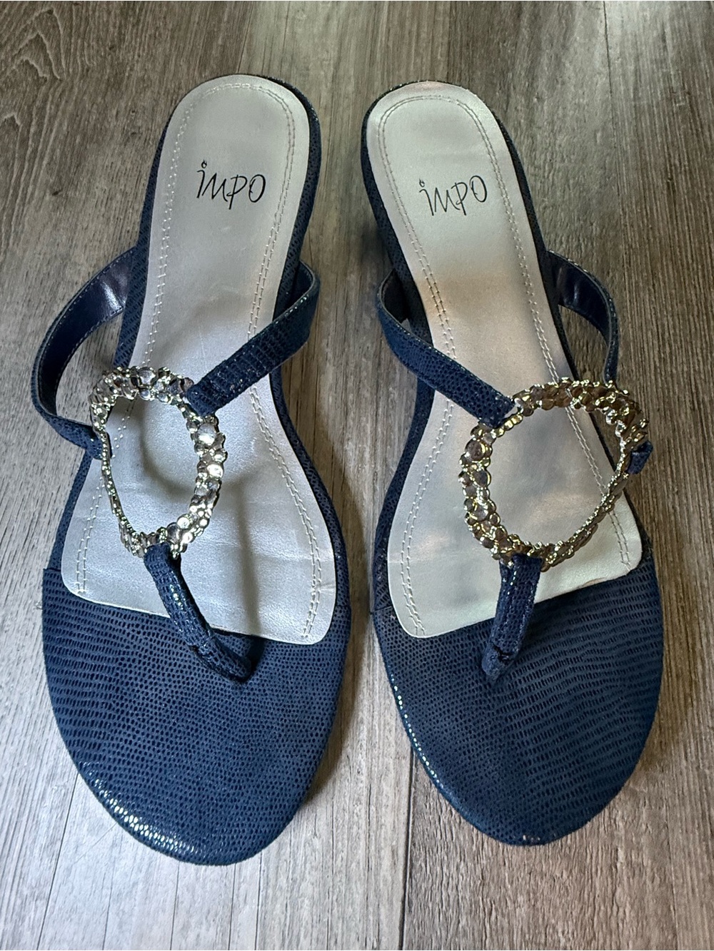 Ina Navy T-Strap Sandals with Gold Rhinestone Rings